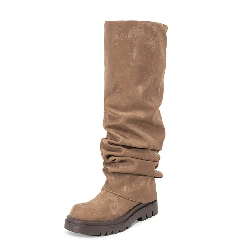 Invierno Nuevas Mujeres Punta Redonda Tirar Informales Exterior Cuero Plano Hasta la Rodilla Botas Foto 2 de 4