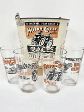 Harley Davidson Off to the Races Beer Glass Pub Set (4) and Metal Matching Pail