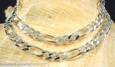 6MM ITALIAN SOLID 925 STERLING SILVER PAVE CUT FIGARO CHAIN NECKLACE 20" 24.5gr