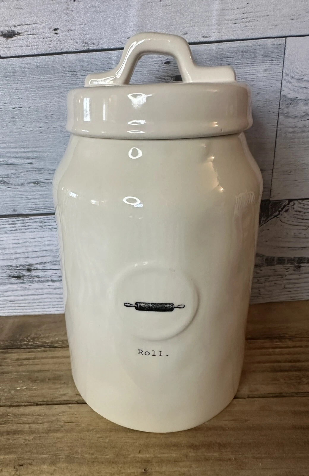 Rae Dunn ROLL Canister & Lid Rolling Pin Kitchen Icon Off White Artisan