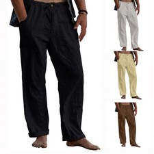 Beach Summer Men's Trousers Pants Linen Cotton Yoga Drawstring Loose Elasticated
