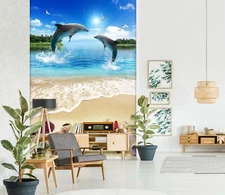 3D Beach Dolphins 31744NA Wallpaper Wall Murals Removable Wallpaper Fay