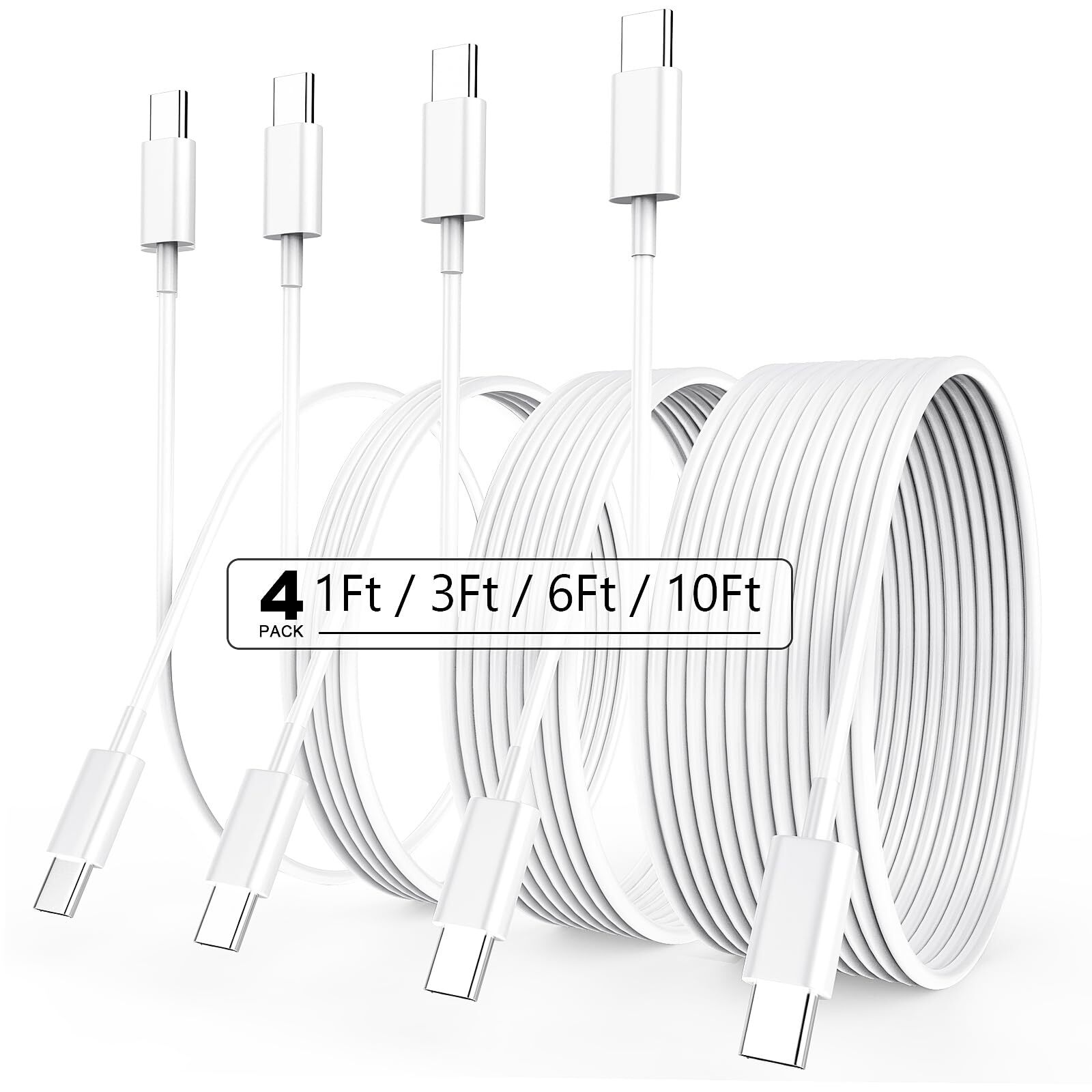60W USB C to USB C Cable 4-Pack (1FT, 3FT, 6FT, 10FT) Fast Charging Type C Cord-image