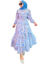 Maxi abito donna musulmano stampa floreale Abaya caftano islamico abiti lunghi Ramadna nuovo