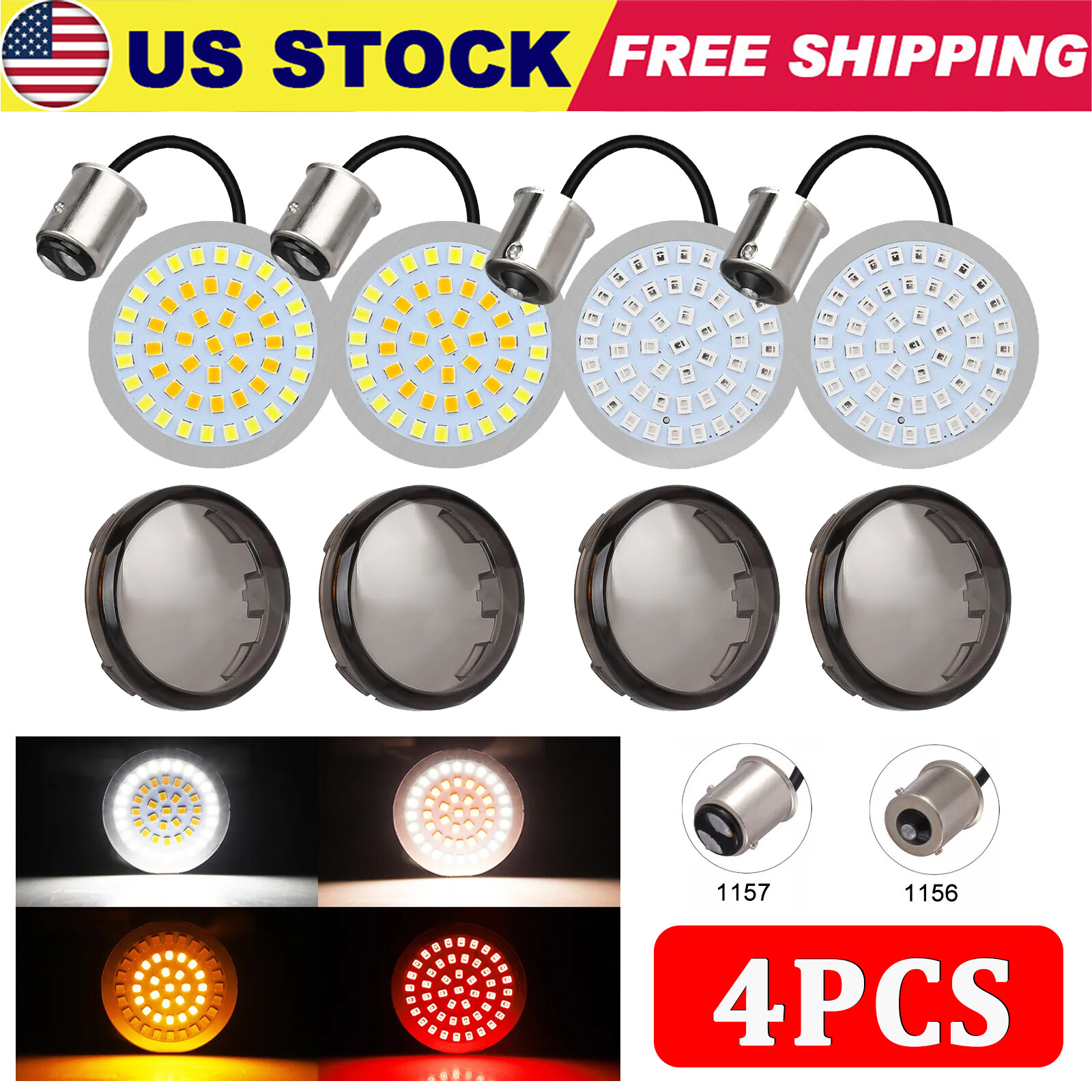 1157 Front and 1156 Rear LED Bullet Turn Signal Lights Smoke Lens Fit for Harley