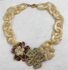 Vintage Acrylic Flowers  AB Rhinestones Bib Necklace 19" Long