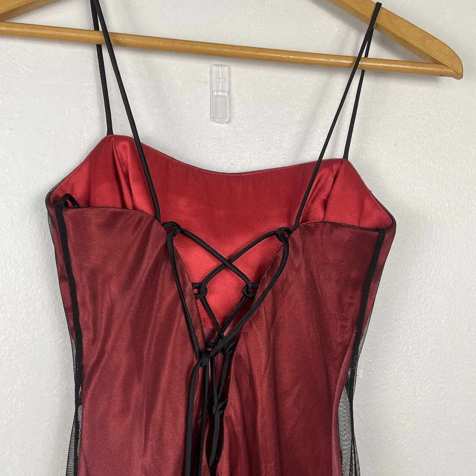 Maxi Vestido De Colección Y2K Malla Rojo Negro Talla 3/4 Cuentas Baile de graduación Babydoll Grunge Formal Foto 3 de 4