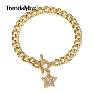 Authentic Yellow Gold Plated CZ Paved Star Charm Bracelet Toggle Clasp Curb Cuban Chain 7"