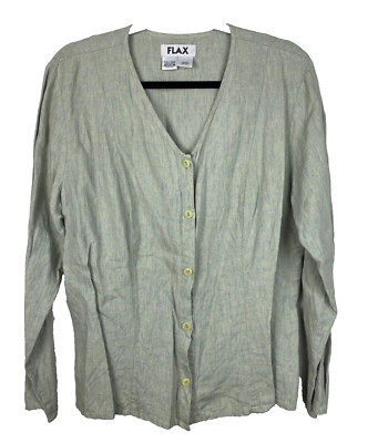 Flax Top Medium Green button up cinch waist lagenlook shirt minimalist blouse