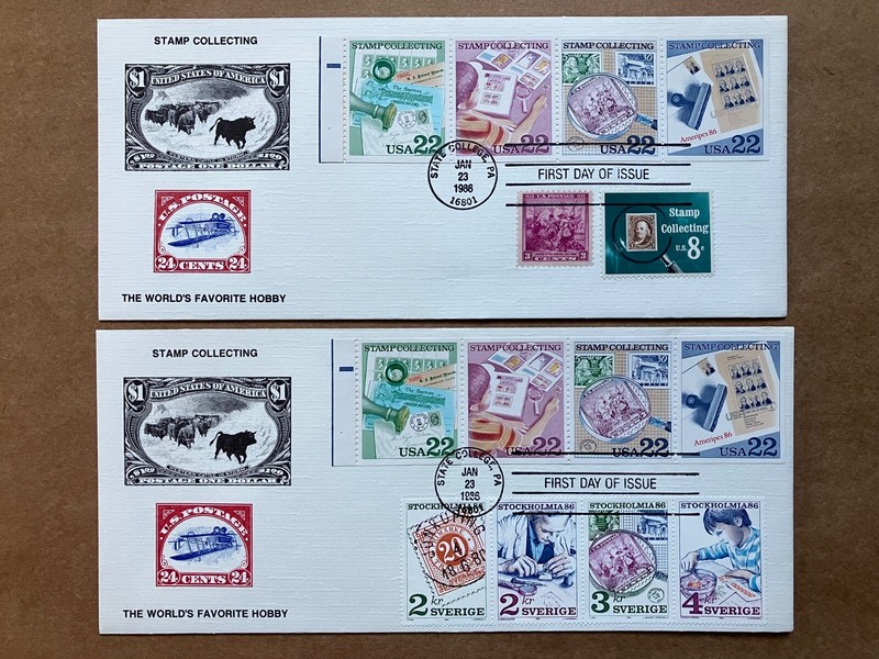 1986 22c Stamp Collecting 2198-2201 KMC Venture Combination/Sweden FDC Set of 2