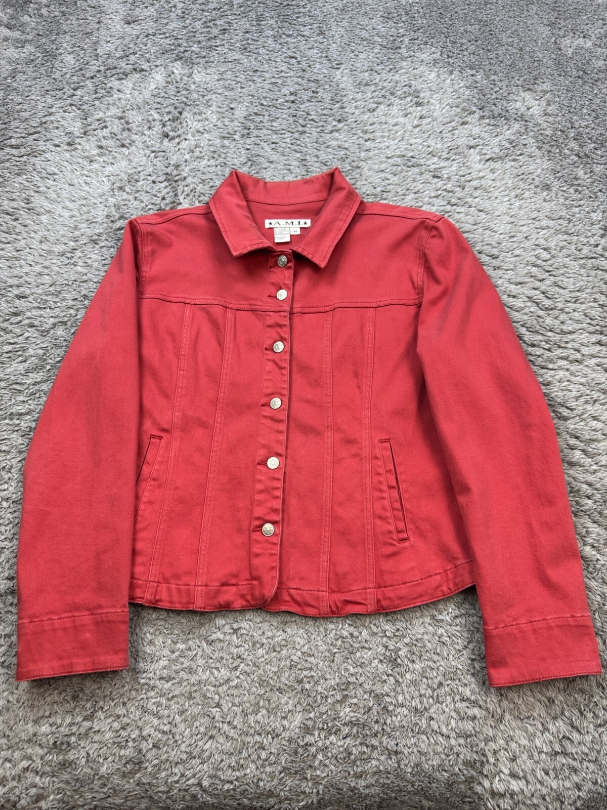 AMI Denim Jacket Women Medium Coral Red Cropped Western Trucker Coat Vtg 90s Y2K