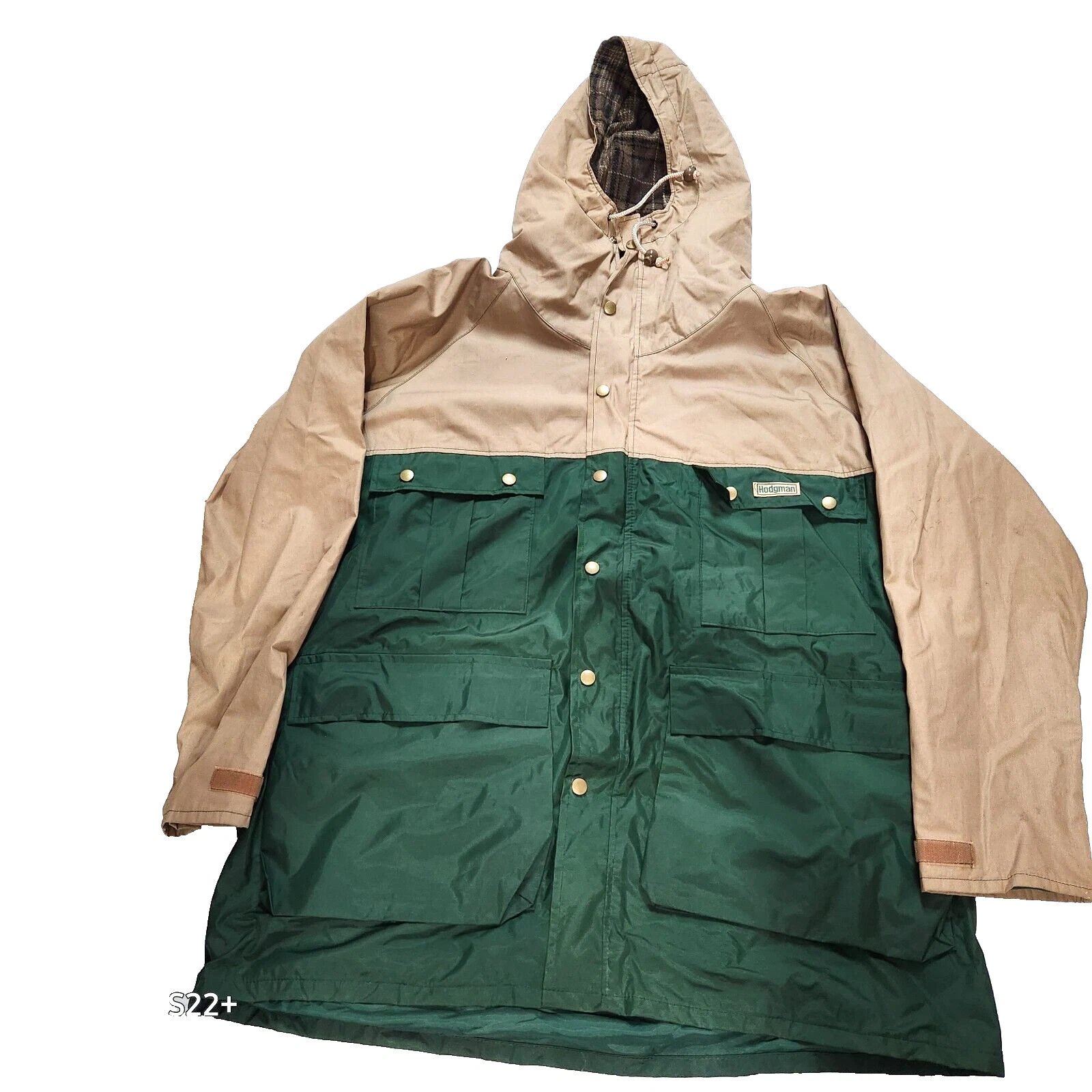 Hodgman Jacket Hooded Mens XXL Lining 100% Wool Fishing coat Tan Green Vintage
