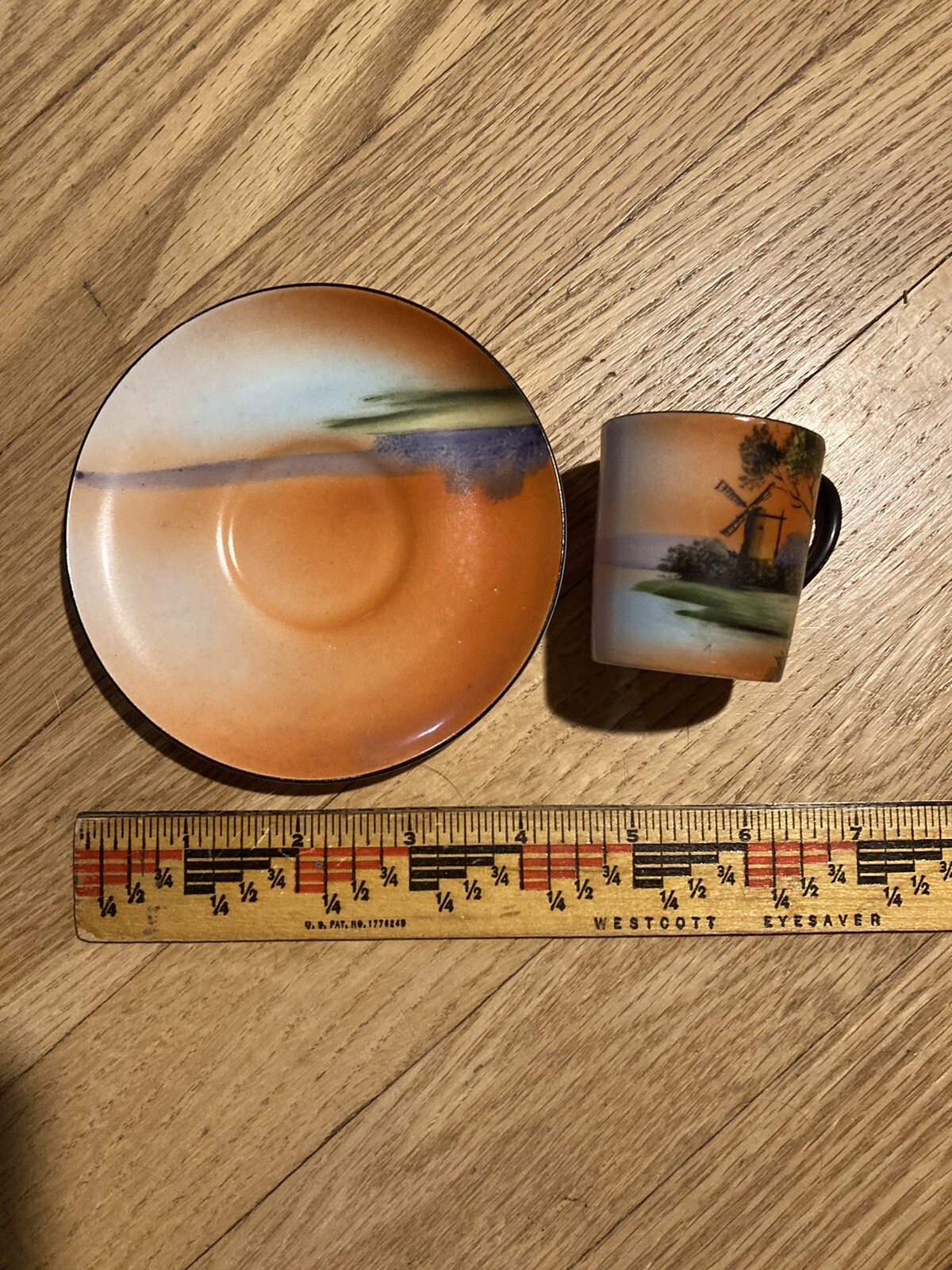 MINI Noritake Vintage Windmill Sunset Cup & Saucer  1918-1941 Green Wreath Mark