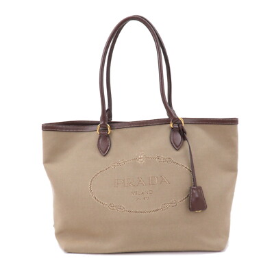 PRADA Tote Bag Beige Brown Logo Jacquard Leather 1BG158 Auth Used