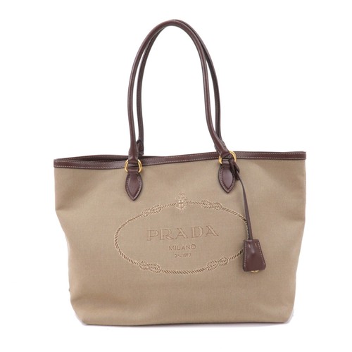 PRADA Tote Bag Beige Brown Logo Jacquard Leather 1BG158 Auth Used
