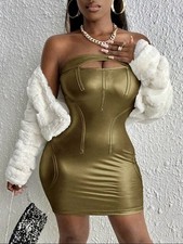 PU Leather Green Cut Out Front Strapless Body con Dress Size M 10
