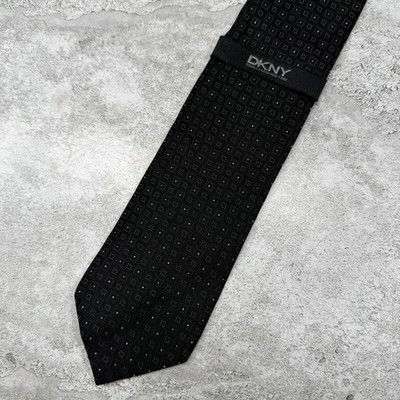 DKNY Silk Tie Mens One Size Black Geometric Jacquard Made In USA Necktie New