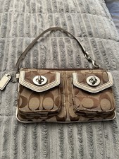 VTG COACH Signature Legacy Logo Turnlock Wristlet Bag Canvas Leather Brown