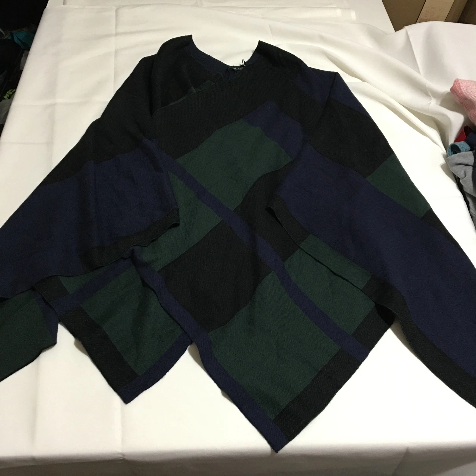 Lauren Ralph Lauren L/XL Poncho Wrap Sweater Navy Blue Green Colorblock Ruana