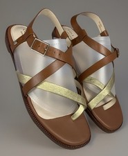 Cole Haan Women Wilma Leather Strappy Sandal Tan Gold Buckle Padded Flats, 8 NEW