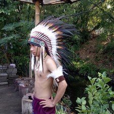 Medium Feather Warbonnet Headdress Hat Handmade Indian Cosplay Carnival Chief