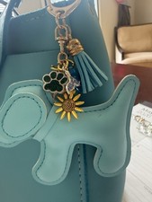 Blue Tassel Dog Flower Charm Key Chain, Faux Leather/Metal, Detachable