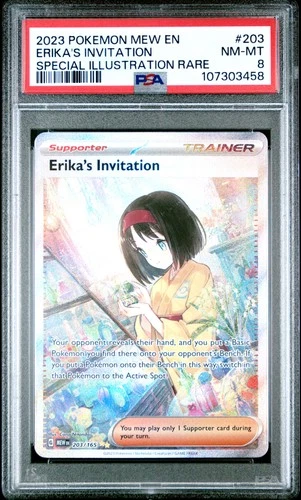 2023 POKEMON MEW EN-151 SPECIAL ILLUSTRATION RARE #203 ERIKA'S INVITATION PSA 8