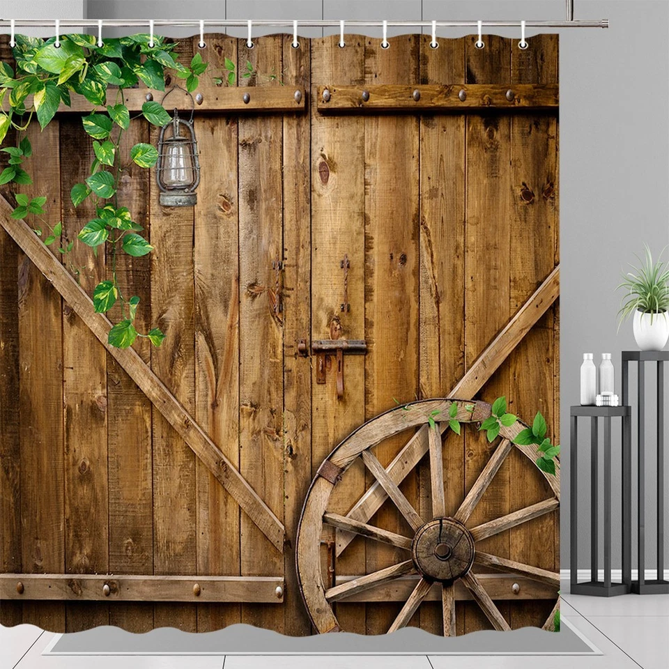 Cortina de ducha puerta de granero rústica madera granja decoración de campo con ganchos Foto 3 de 4