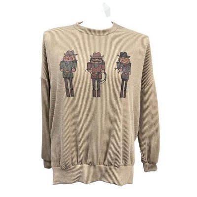 Rolling Ranch Boutique Western Nutcracker Graphic Oversized Sweatshirt Tan Small