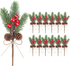 12PCS 8Inch Pine Cone Red Berry Picks Stems Crafts Branch Christmas Wreath, Holl