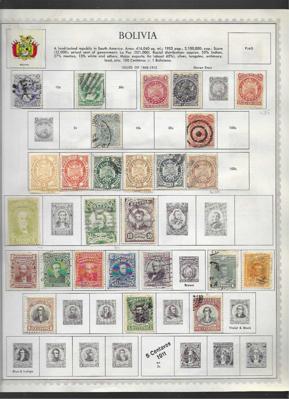 BOLIVIA VERY NICE COLLECTION  ON MINKUS ALBUM PAGES  1868 TO 1987  MANY STAMPS