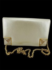 Vintage Ivory Faux Leather Evening Bag with Jeweled Accents and Gold Chain