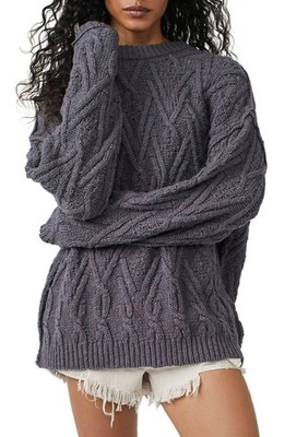 NWT Free People Grey Isla Cable Knit Crew Oversized Sweater Sz L Boho Chic