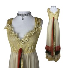 Vintage 70s Lace Maxi Dress: Ruffle Empire Waist Gown   Cottagecore Fairycore