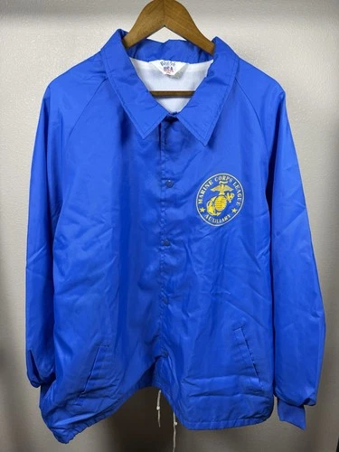 Vintage WestArk Men’s 2XL Blue Nylon Coach Jacket Marine Corps Logo Snap Front video thumbnail