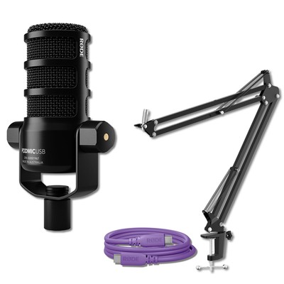 Rode PodMic USB Black Microphone with SC27 Purple USB-C Cable and Boom Arm