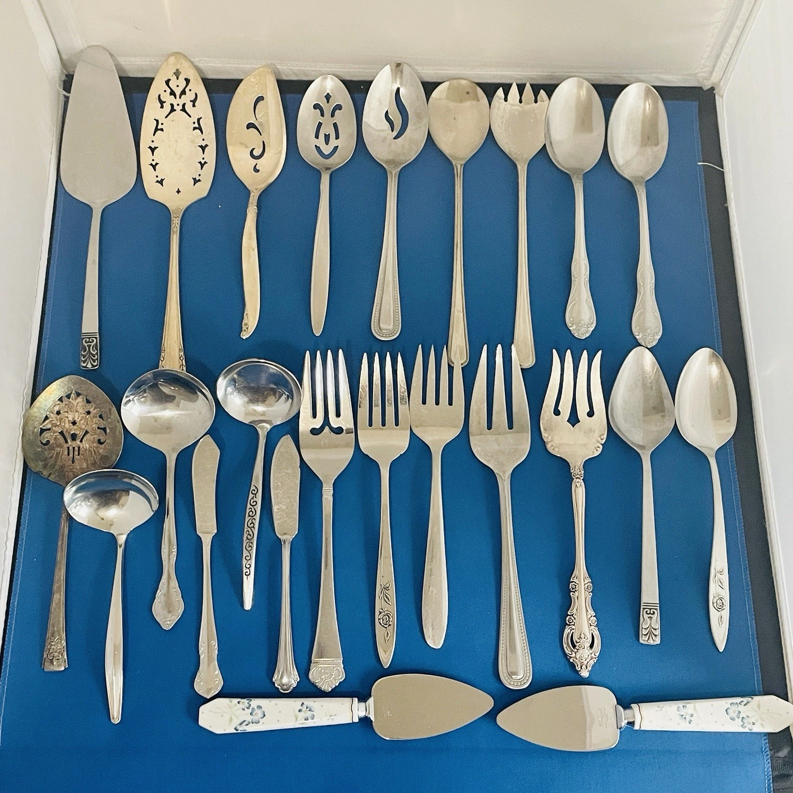Flatware Lot Of 24 Serving Spoons, Forks, Pie Servers, Ladles & More