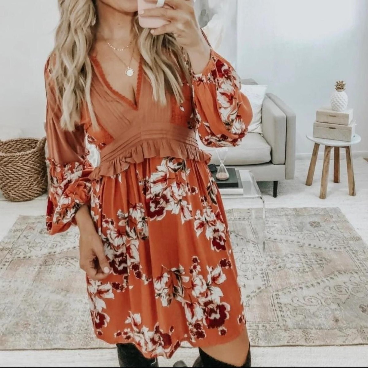 Vici Burnt Orange Boho Long Sleeve Tunic Dress