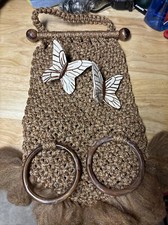 Ceramic Butterflies Brown Hoops Macrame Hanging Brown Wall Piece Art 22  Long