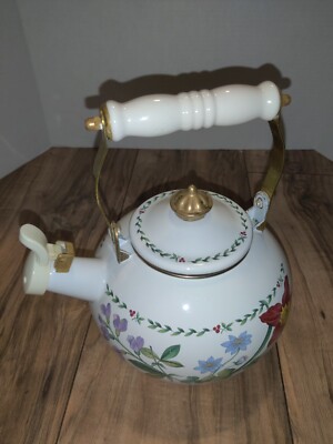 Mikasa Enameled Metal Teapot Kettle Flowers Brass KW001 Summer Symphony Vintage