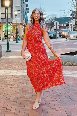 NEW SZ L PRETTYGARDEN Casual Halter Neck Sleeveless Floral Long