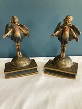 Antique POMPEIAN Bronze Bookends LAURA ARCHIBALD 1920 TOP O' THE MORNING Girl