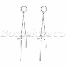 Men's Women's Unisex Silver Stainless Steel Cross Hoop Dangle Earrings Jewelry