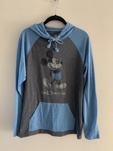 Disney World Mens Hooded Long Sleeve T-Shirt Gray & Teal with Classic Mickey