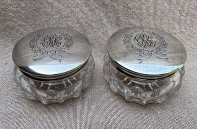 Vintage Gorham Pair Vanity Jars Cut Glass & Sterling Monogrammed ''LKK''
