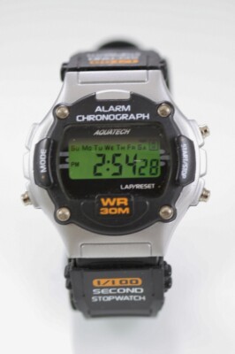 Aquatech Watch Men Plastic Black Silver 30m Chronograph Date Alarm Batt Quartz