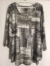 JM Collection-Black White Gold Geo 3/4 Sleeve Rayon Knit Top Tunic-3X