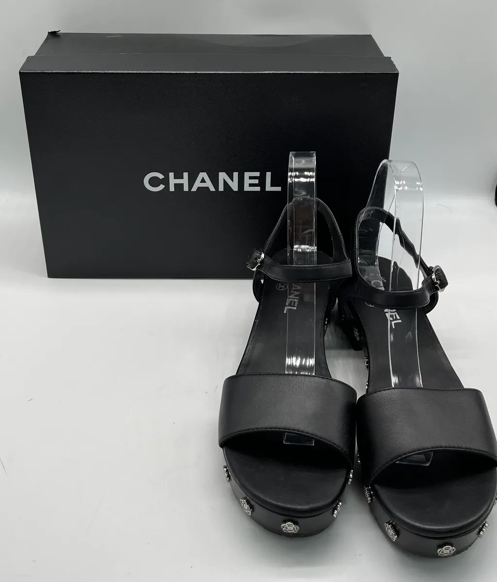 Chanel Camelia Open Toe Platform Wedge Sandals w/ Flower Embellishment sz  39.5