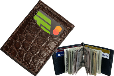 Brown Alligator Bifold Slim Profile Wallet With Money Clip Quality USA Handcraft