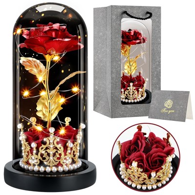 BoriYa Cadeau Femme Rose Eternelle avec Couronne Fleur Eternelle sous Cloche ...